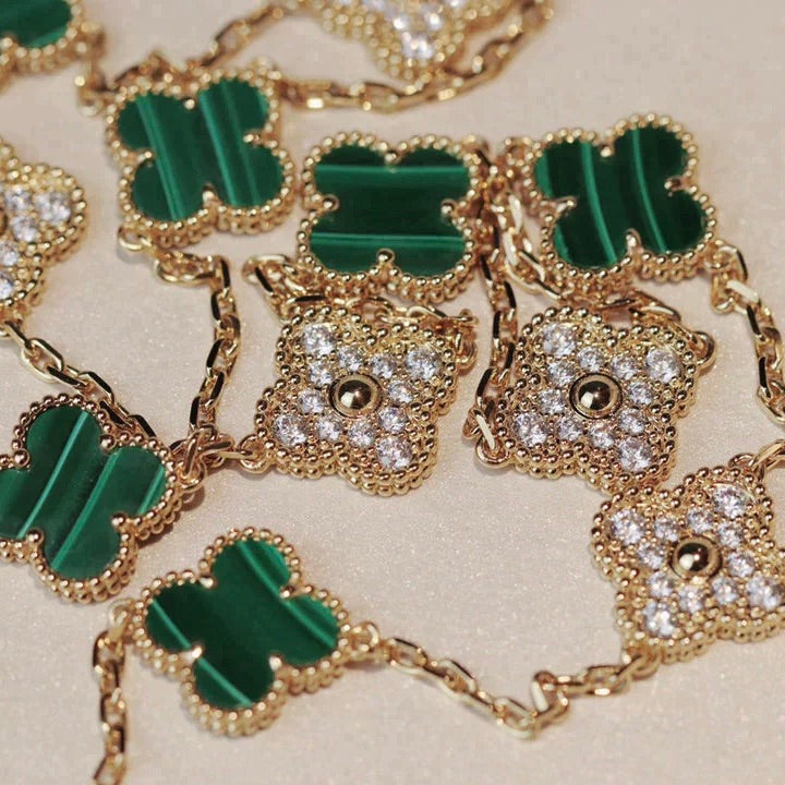 [✨CC💎]CLOVER 20 MOTIFS MALACHITE DIAMOND NECKLACE