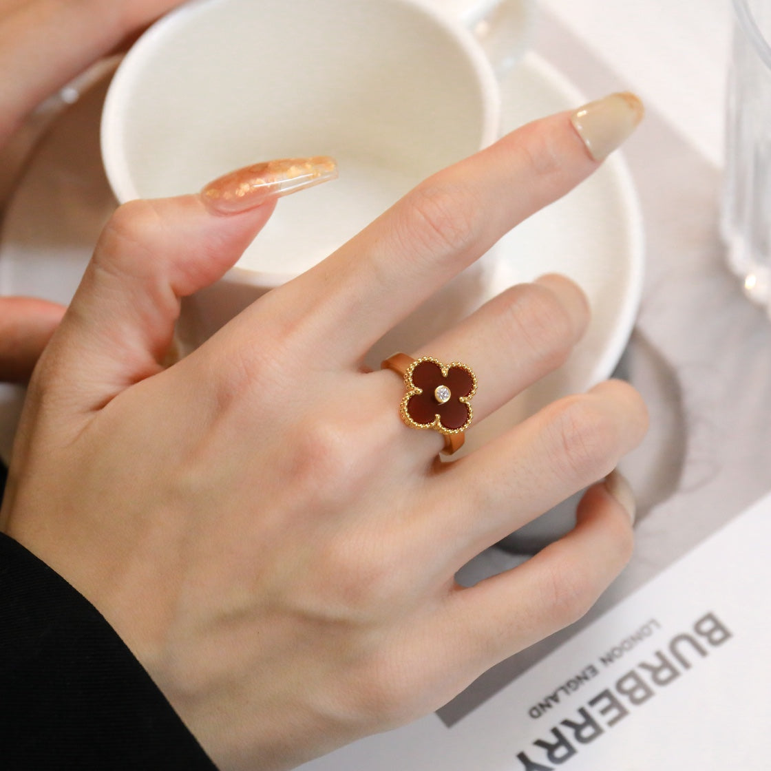 [✨CC💎]CLOVER CARNELIAN RING ROSE GOLD DIAMOND